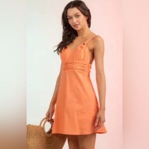 NWT Very J Orange Mini Dress SZ Small Sleeveless Ruched Waist Summer Sundress